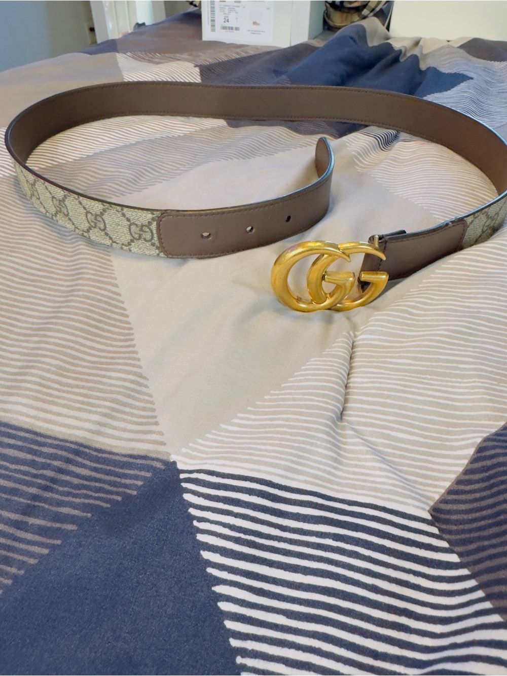 Gucci GG Monogram Canvas Belt with Brown Trim and Gold Double G Buckle